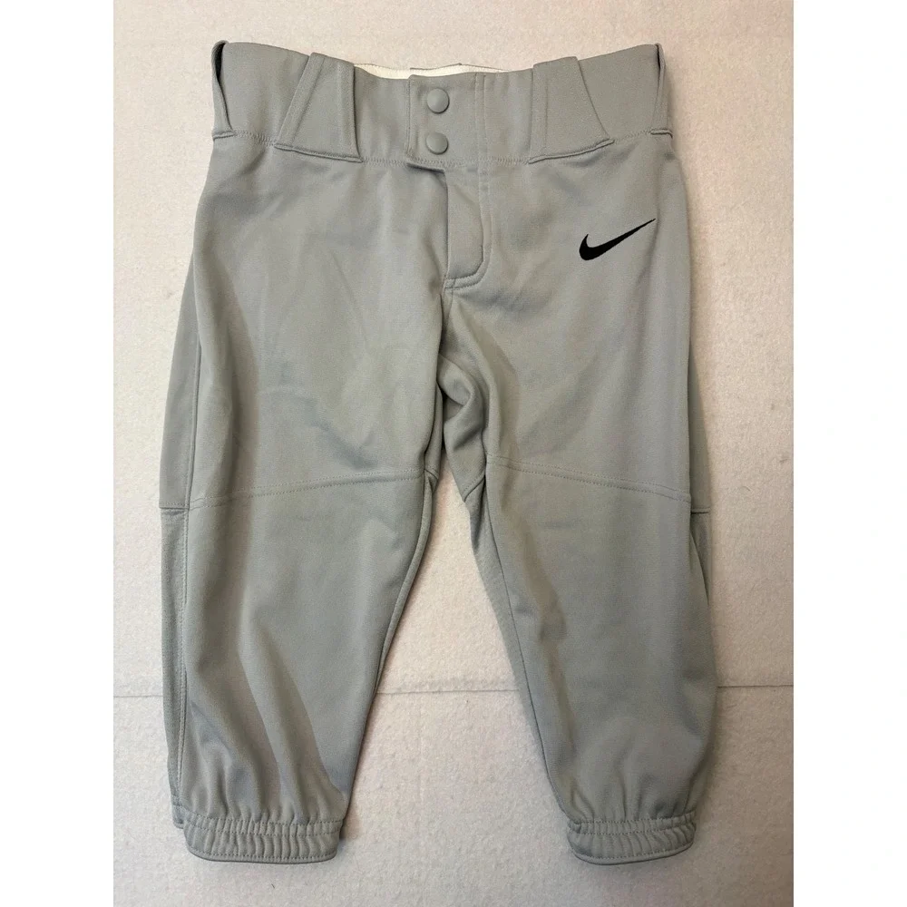 Nike Team Engineered Kids Grey Baseball Pants Small Swoosh Logo Elastic Cuffs